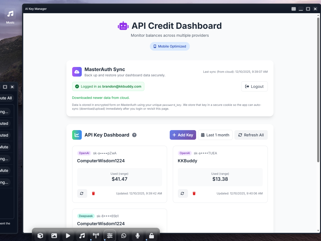 API Key Dashboard - Monitor and track API balances across OpenAI, Anthropic, xAI Grok, DeepSeek, and Google AI Studio. Start Monitoring Now.